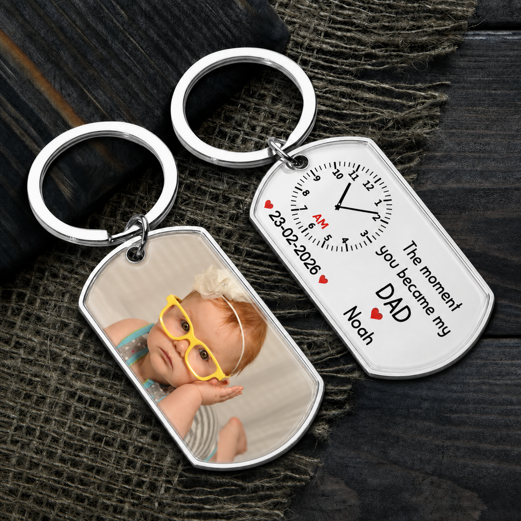 Personalised  Baby Photo Resin Keyring - Clock Design