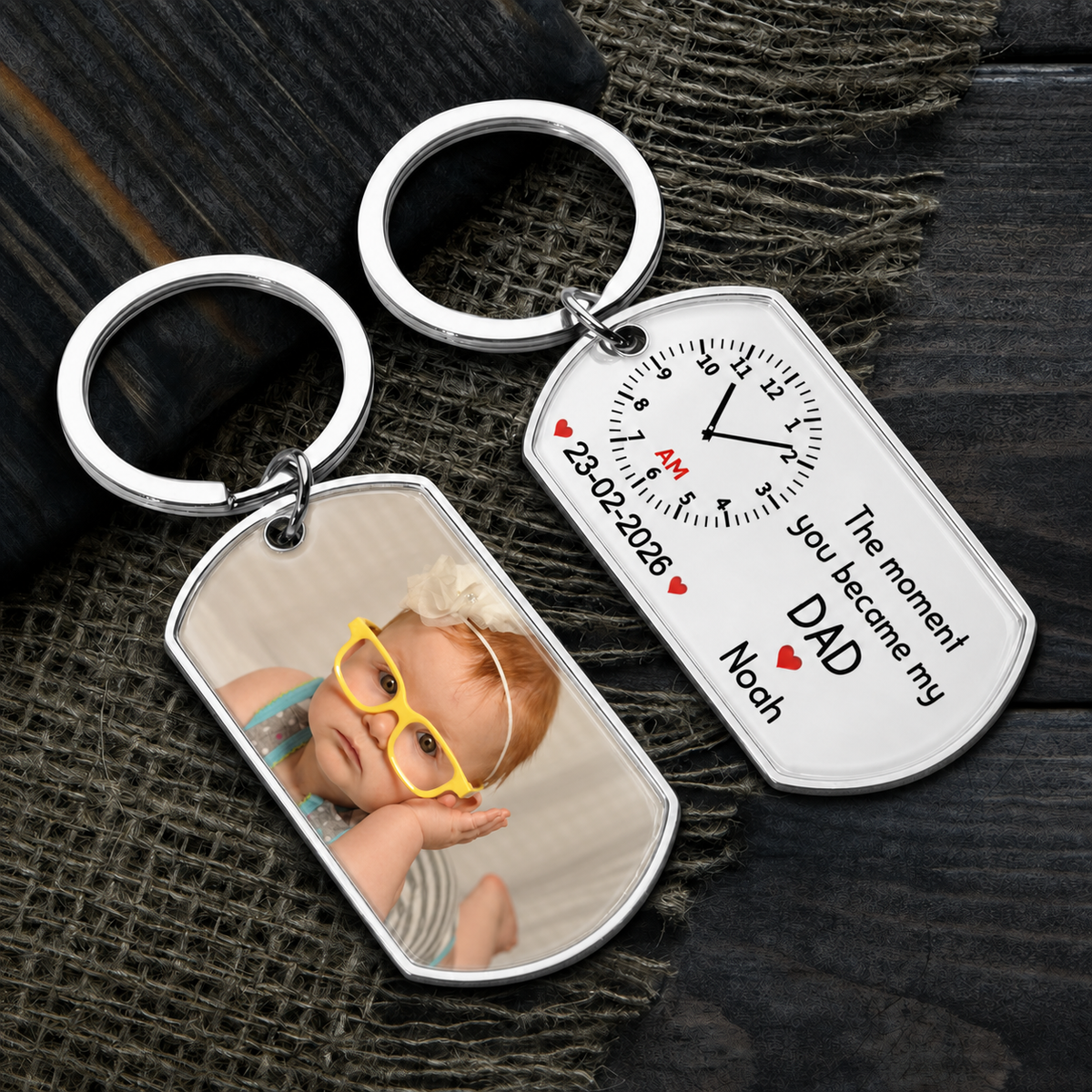 Personalised  Baby Photo Resin Keyring - Clock Design
