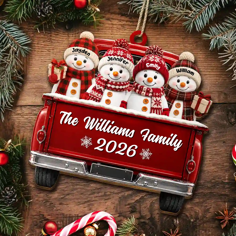 Personalised Family Wooden Christmas Ornament with Names - Snowman Design