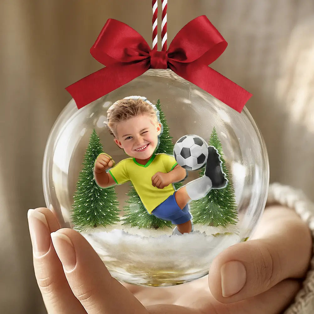 Personalised Clear Christmas Bauble with Photo - Football Kid Design