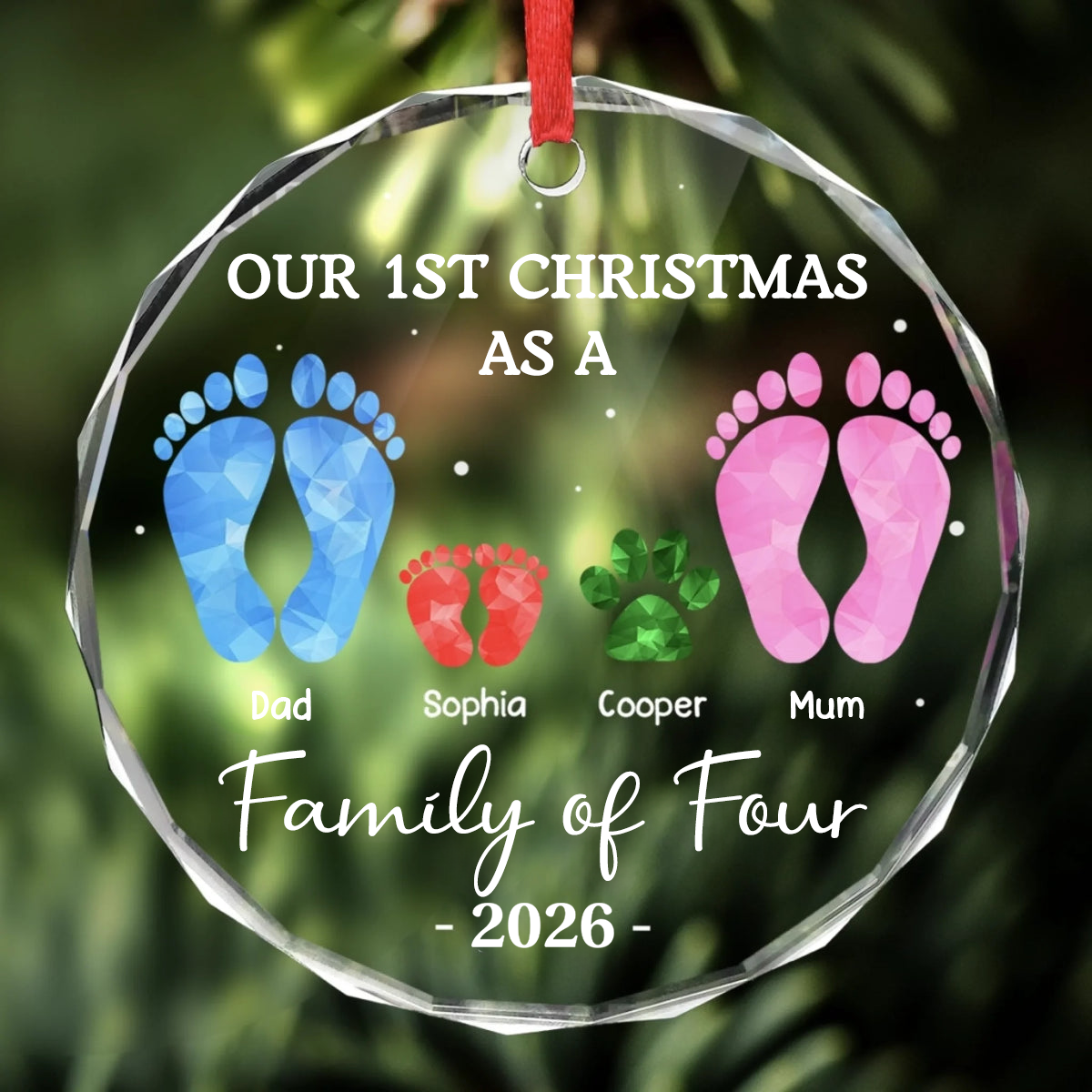 Personalised Family Glass Christmas Ornament with Footprints Design - Our First Christmas as a Family of...