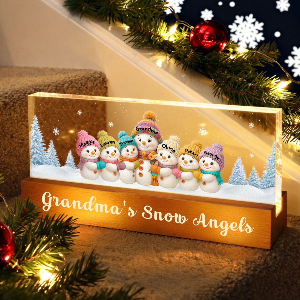 Personalised Grandma LED Night Light with Names & Text - Snowman Design