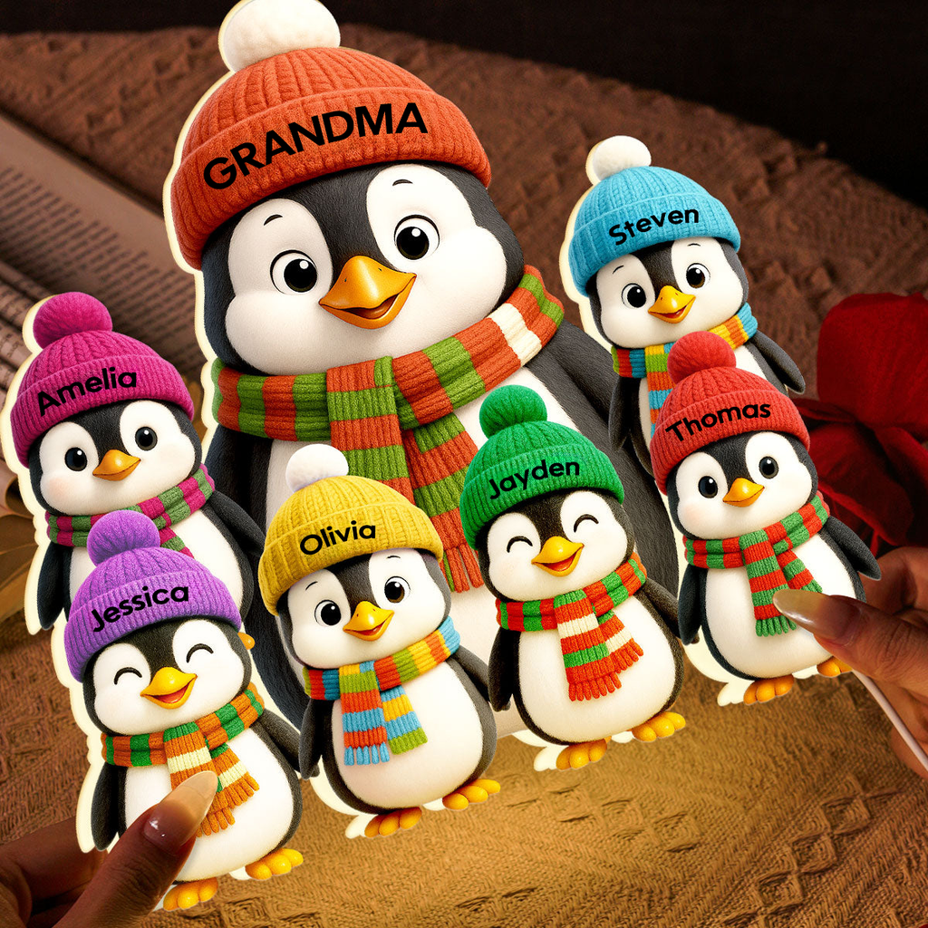 Personalised Grandma LED Light Box with Names - Penguins Design