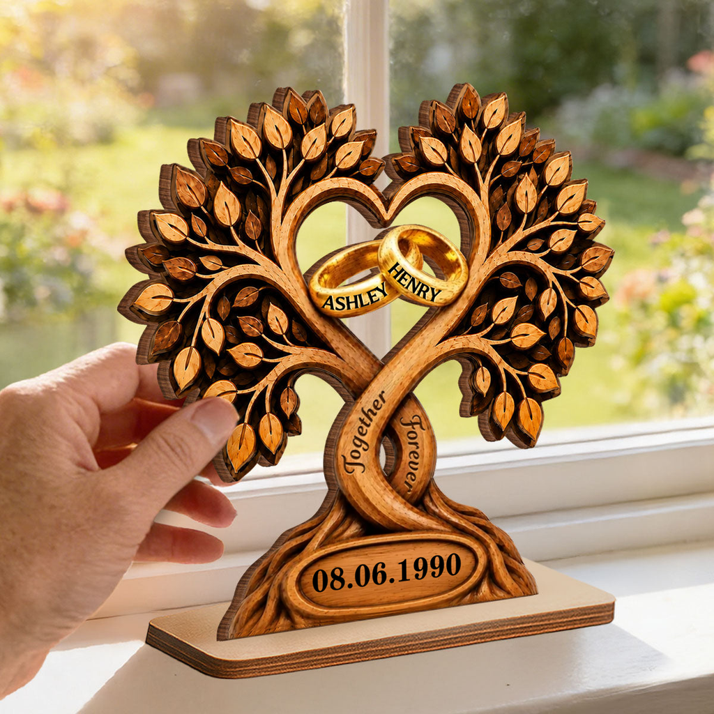 Personalised Couple Wooden Plaque with Name & Date - Tree & Rings Design