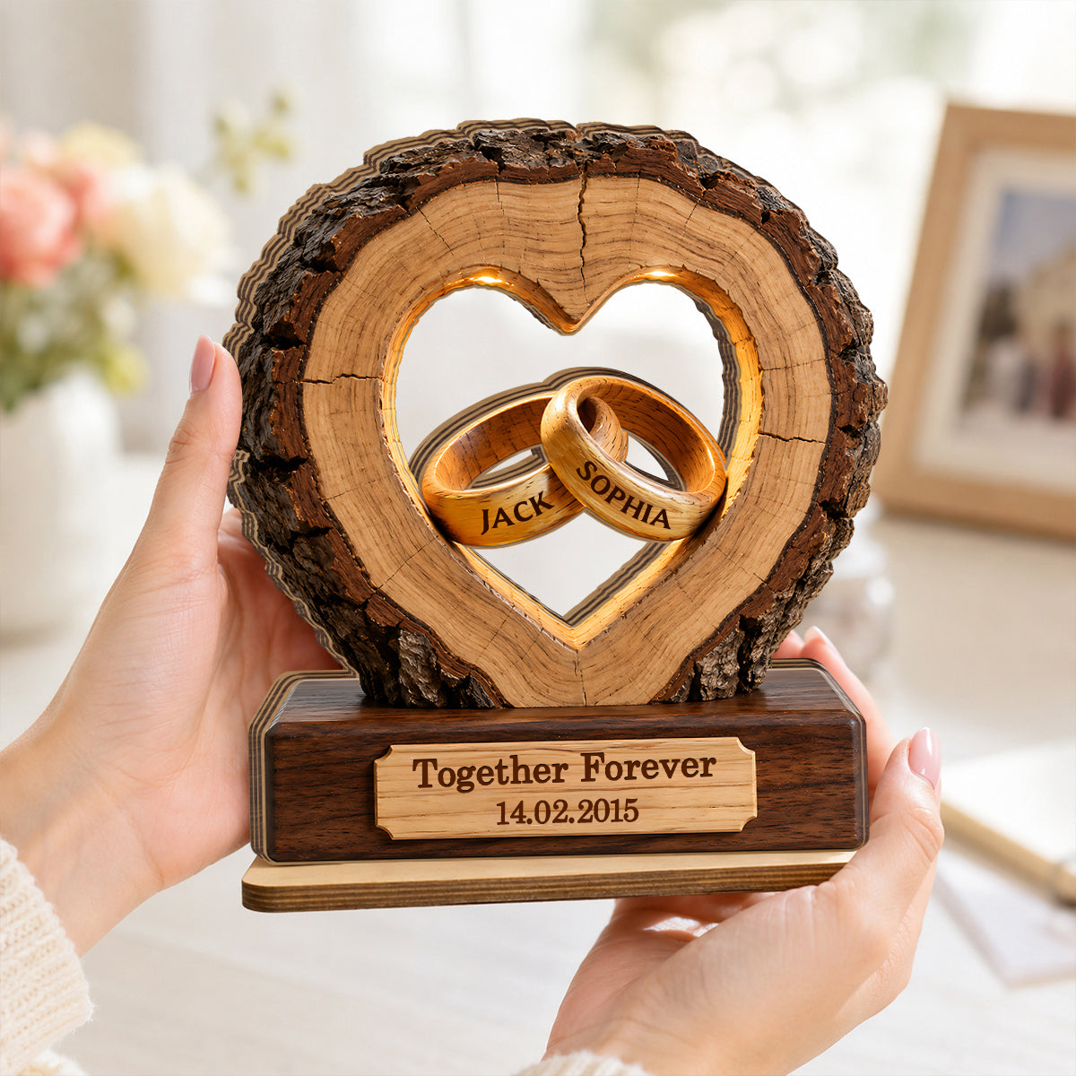 Personalised Anniversary Wooden Plaque for Couples - Ring Design