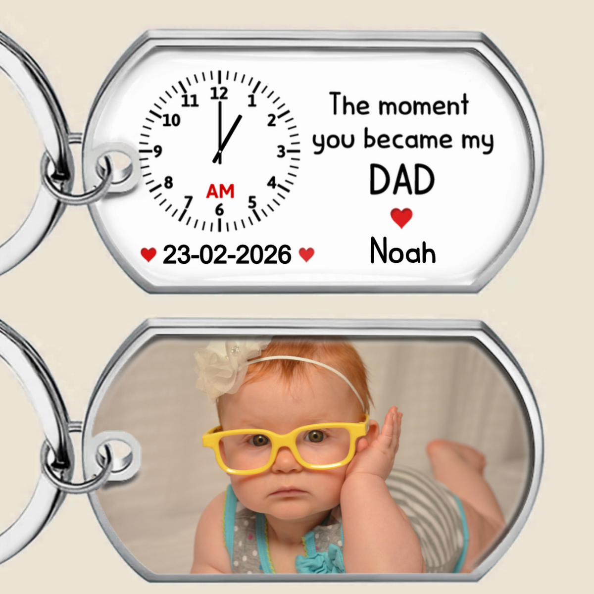 Personalised  Baby Photo Resin Keyring - Clock Design