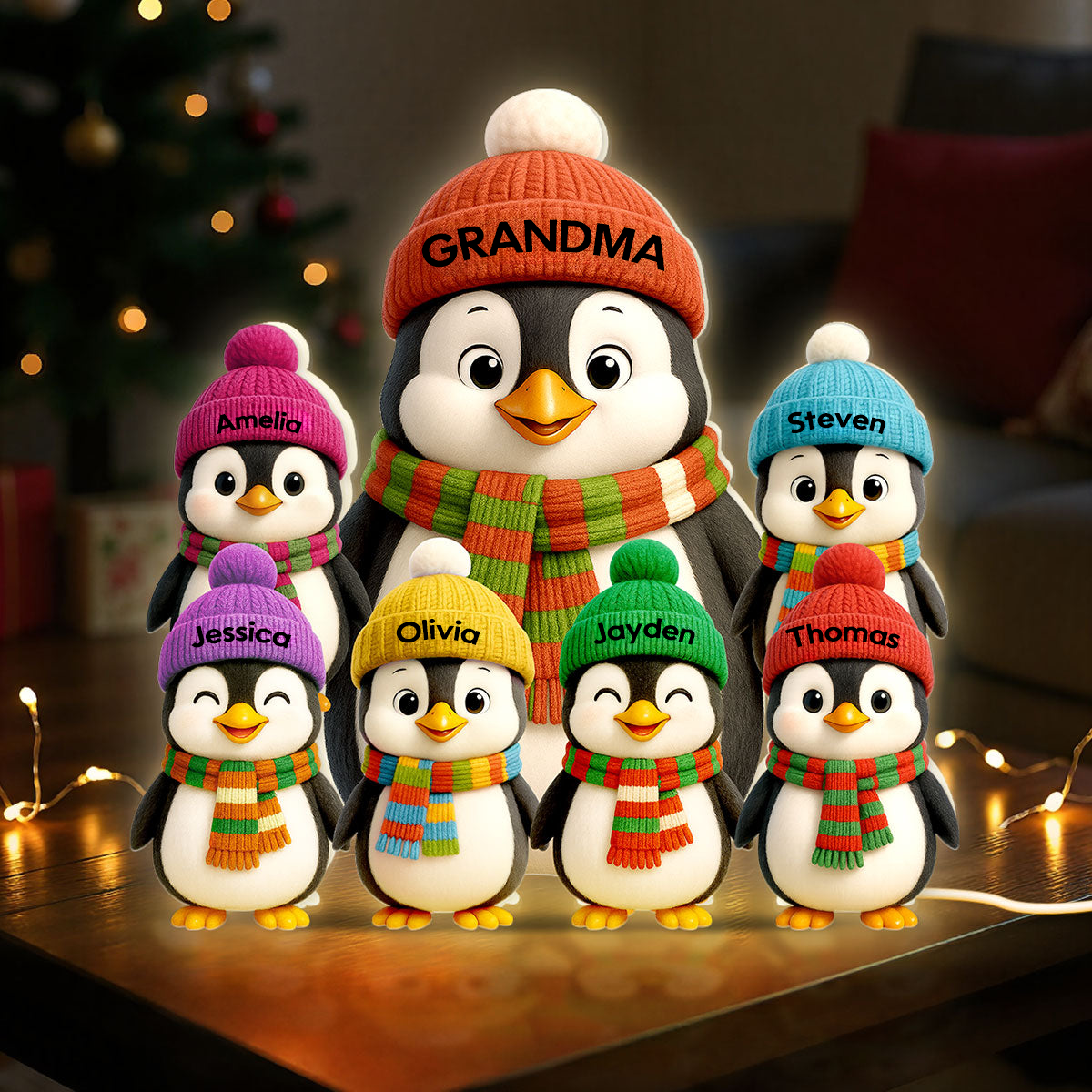 Personalised Grandma LED Light Box with Names - Penguins Design