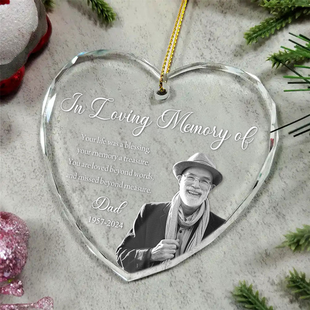 Personalised Memorial Glass Ornament with Photo - "In Loving Memory of"