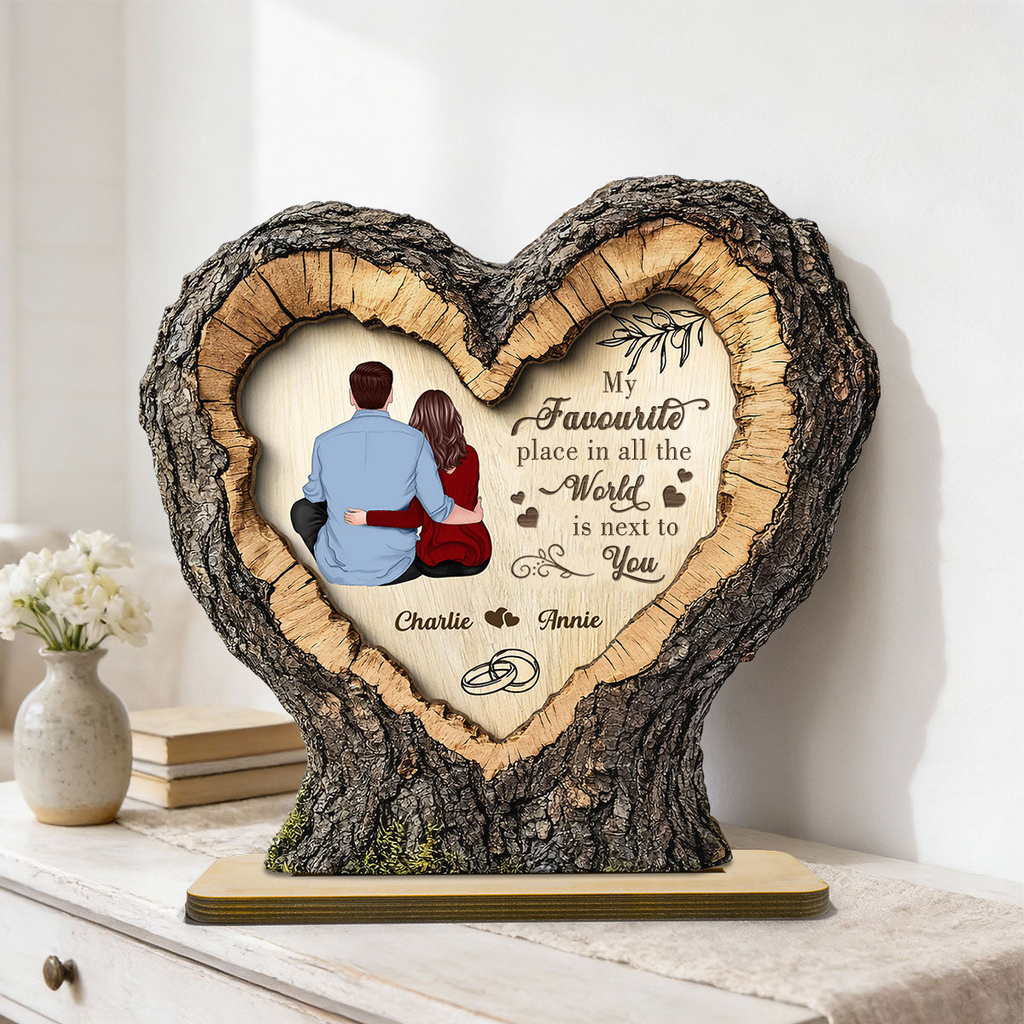 Personalised Couple Layered Wooden Plaque - Heart and Hugging Couple Design