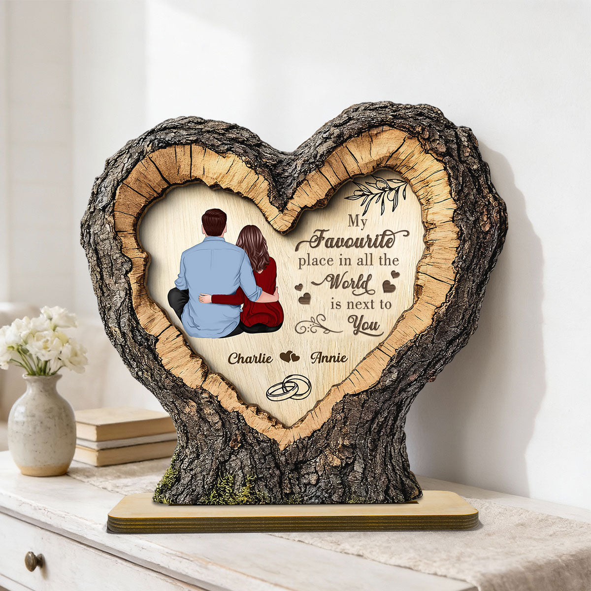 Personalised Couple Layered Wooden Plaque - Heart and Hugging Couple Design