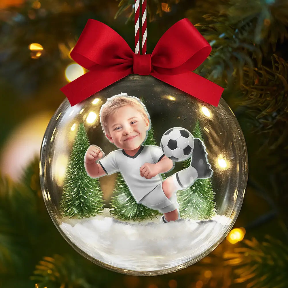Personalised Clear Christmas Bauble with Photo - Football Kid Design