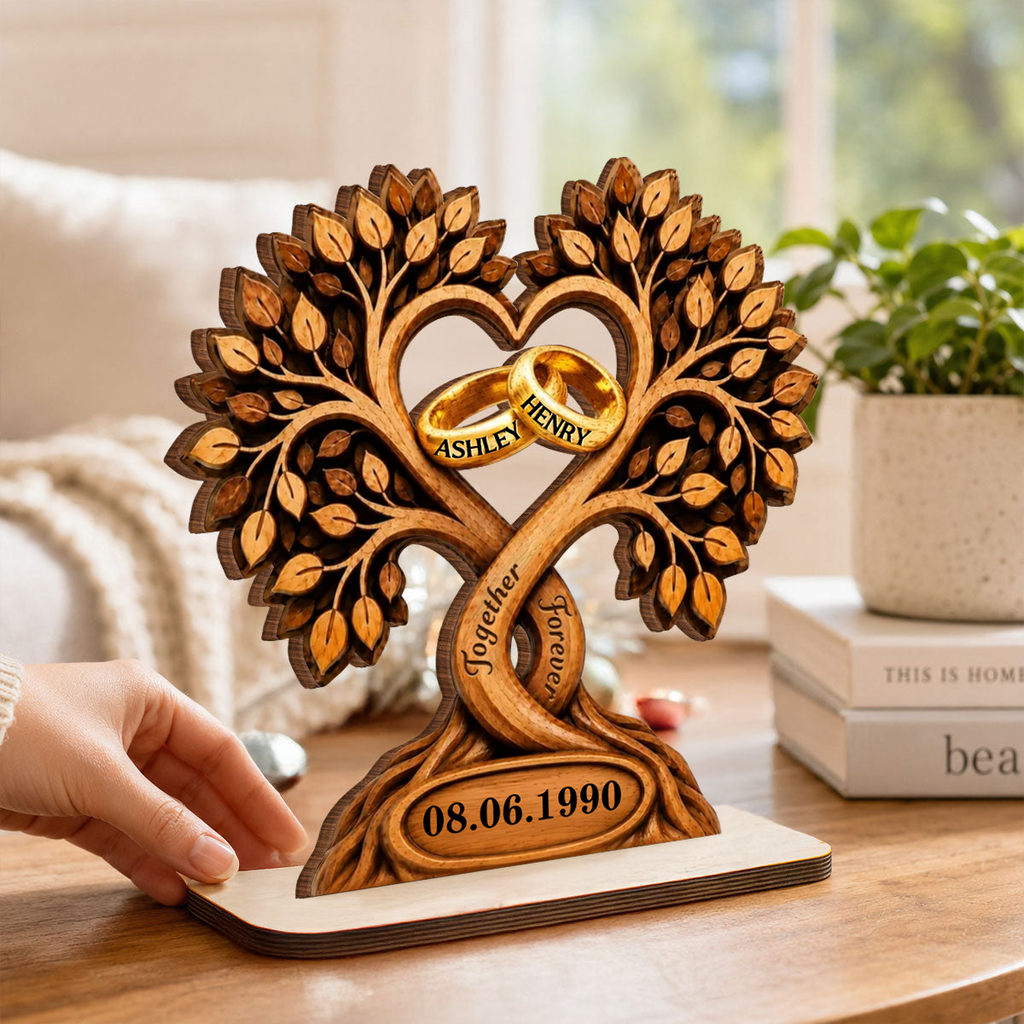 Personalised Couple Wooden Plaque with Name & Date - Tree & Rings Design