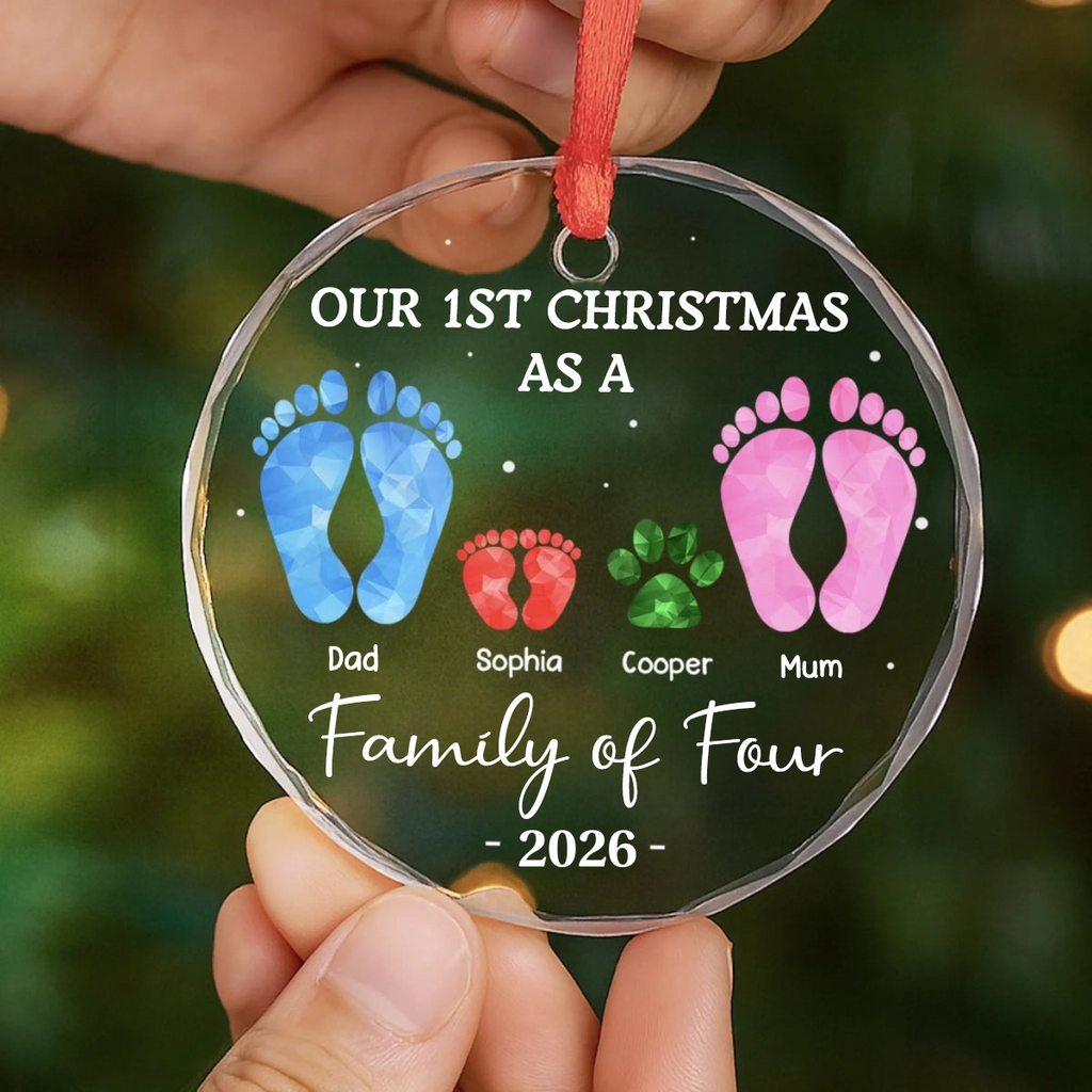 Personalised Family Glass Christmas Ornament with Footprints Design - Our First Christmas as a Family of...