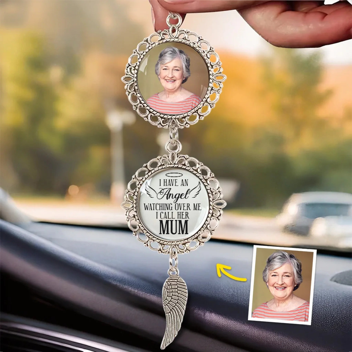 Personalised Memorial Photo Hanging Ornament – Angel Wing Design