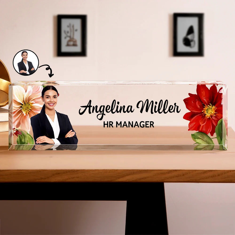 Personalised Office Acrylic Plaque with Flower - Name Plate Design