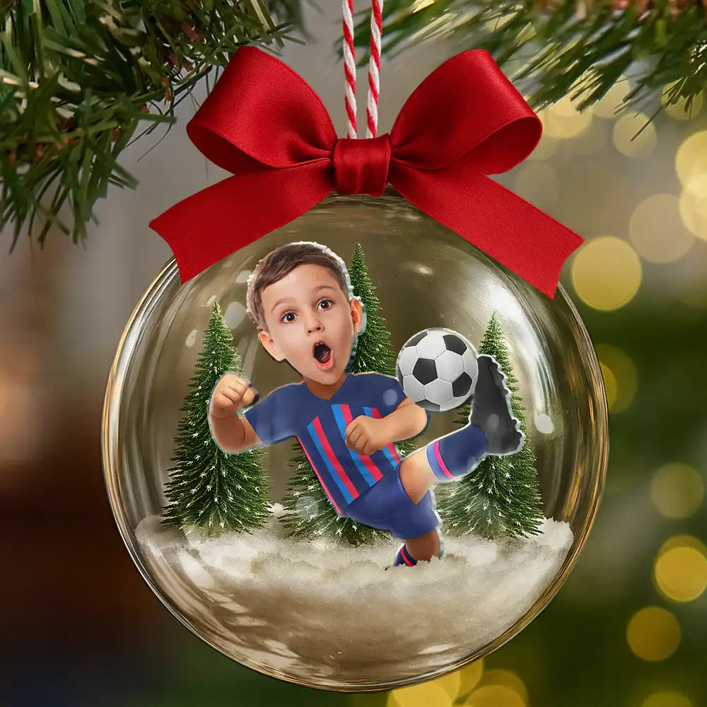 Personalised Clear Christmas Bauble with Photo - Football Kid Design
