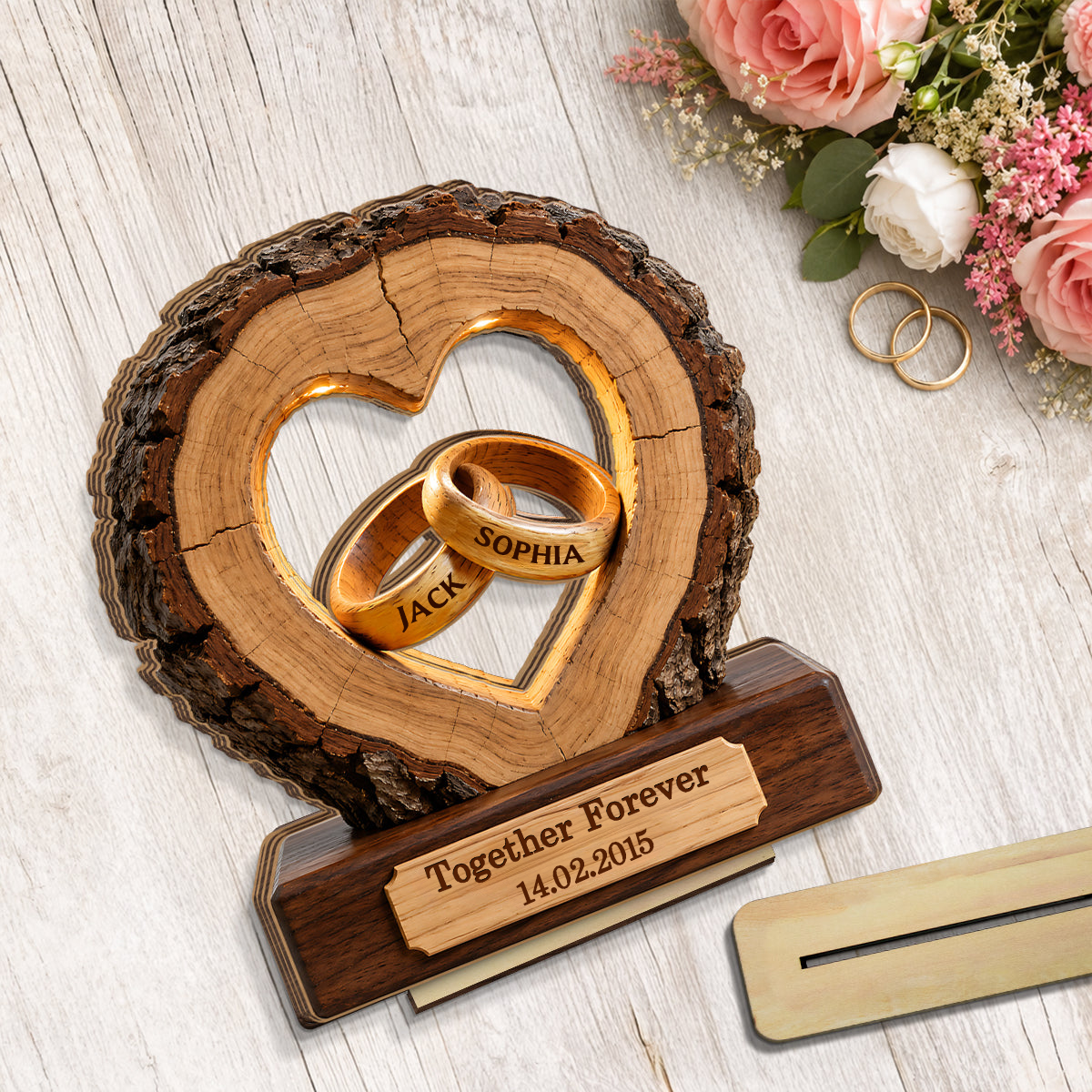 Personalised Anniversary Wooden Plaque for Couples - Ring Design