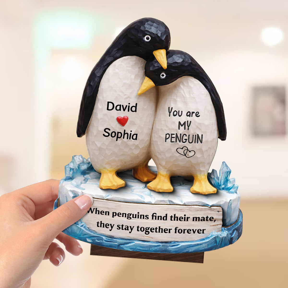 Personalised Wooden Plaque with Names - Penguin Couple Design