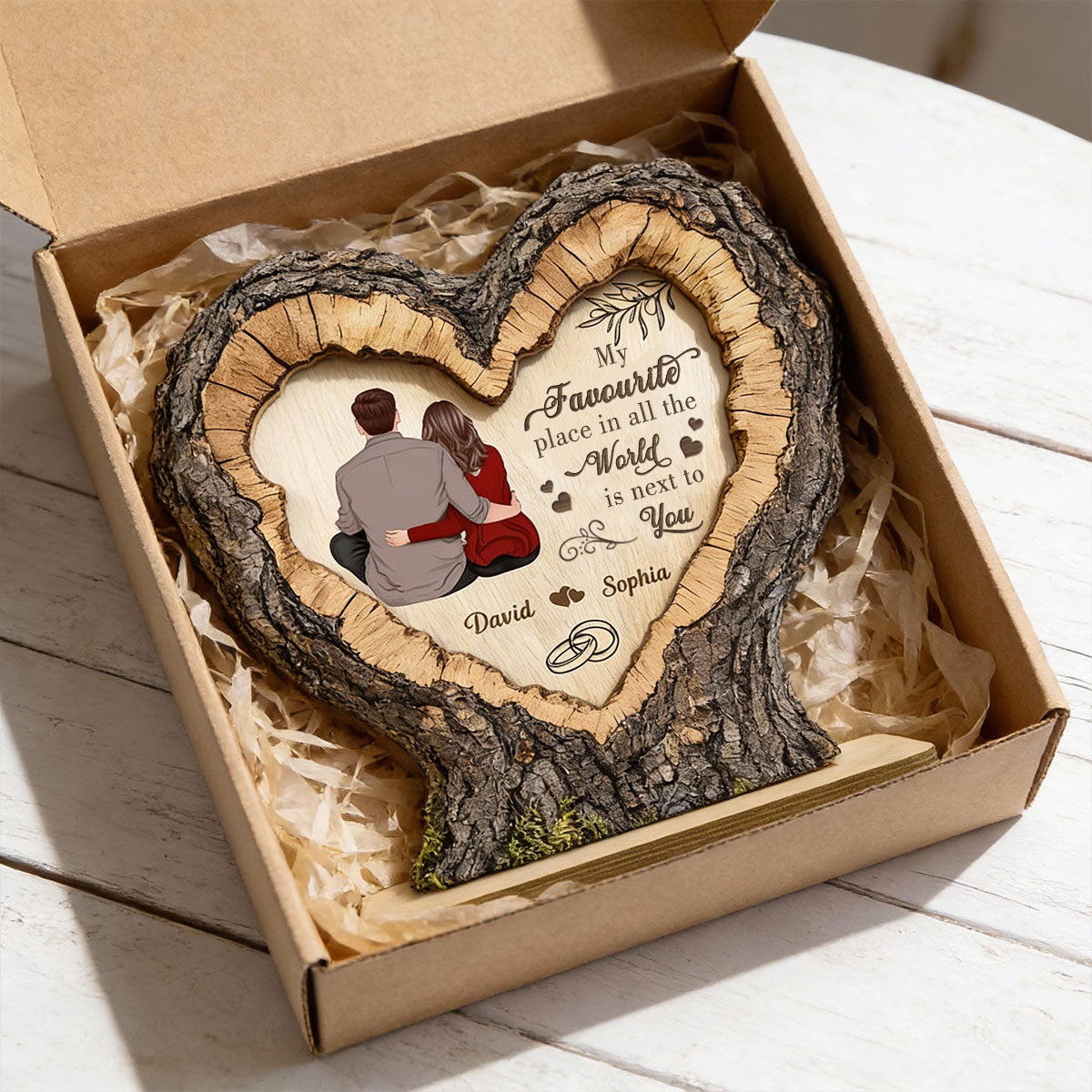 Personalised Couple Layered Wooden Plaque - Heart and Hugging Couple Design