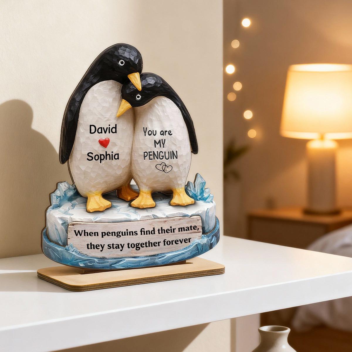 Personalised Wooden Plaque with Names - Penguin Couple Design