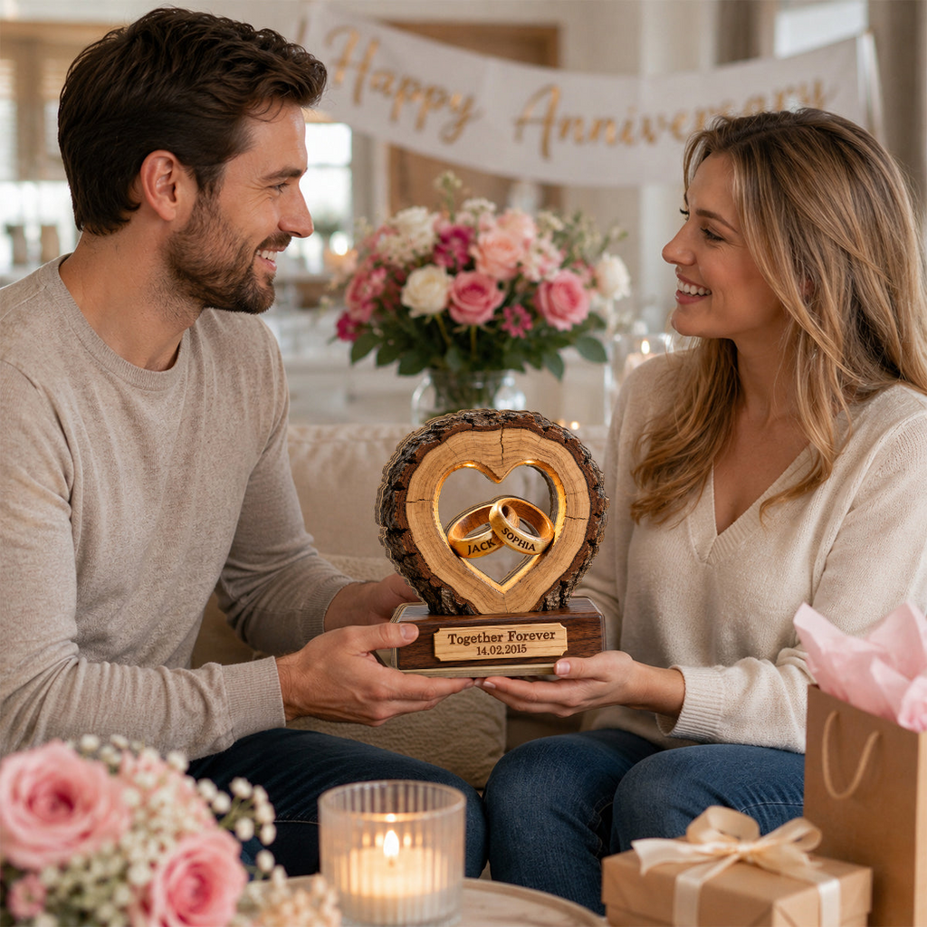Personalised Anniversary Wooden Plaque for Couples - Ring Design