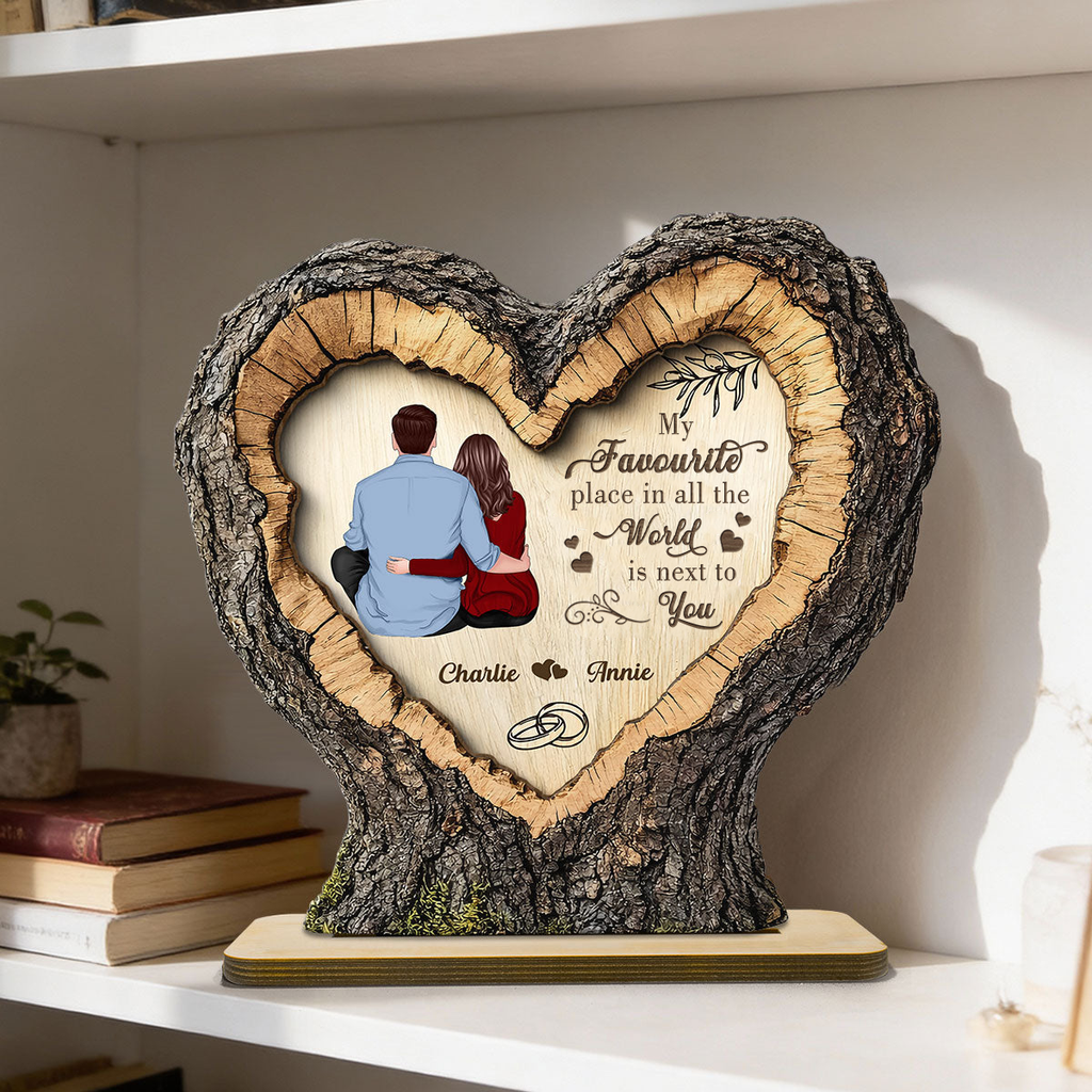 Personalised Couple Layered Wooden Plaque - Heart and Hugging Couple Design