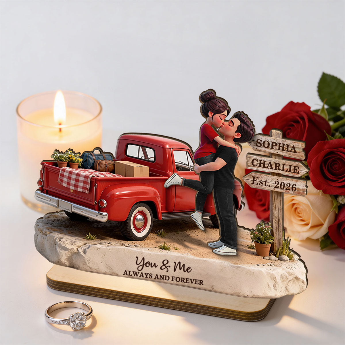 Personalised Couple Wooden Plaque - Couple and Pick‑Up Truck Design