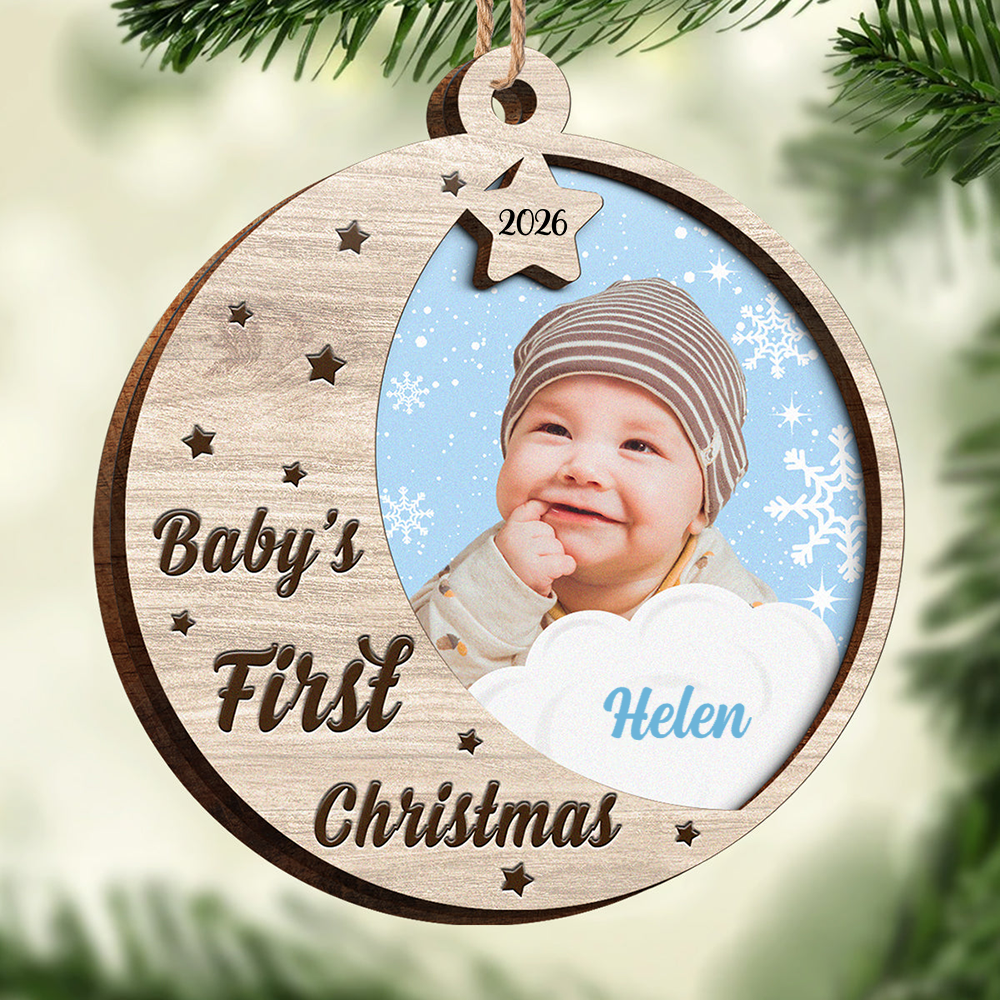 Personalised Wooden Layered Christmas Ornament with Photo - Baby's First Christmas