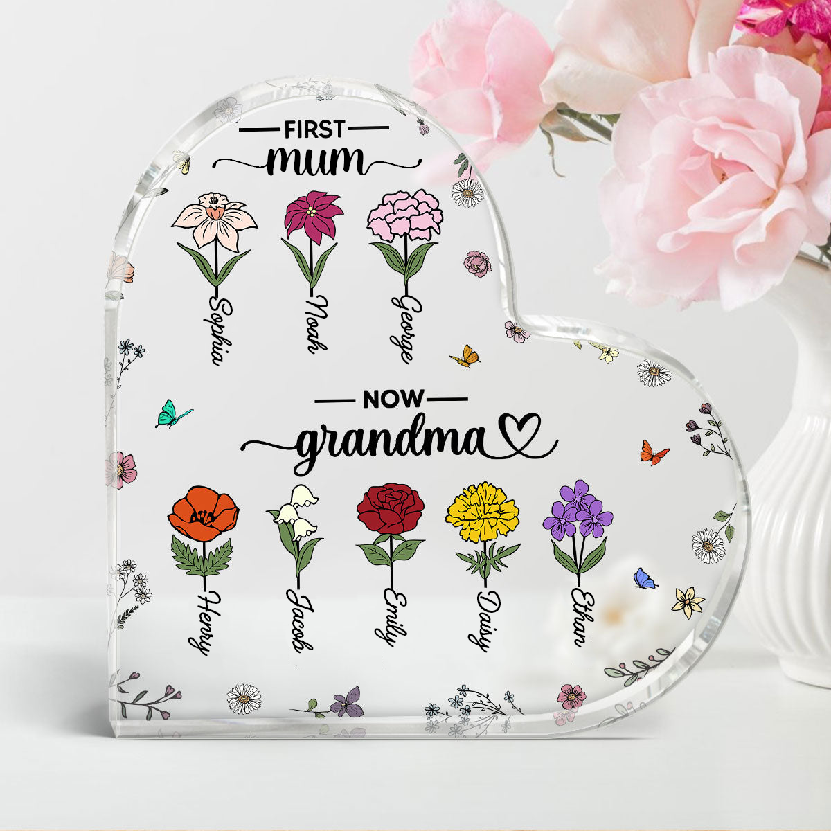 Personalised Floral Acrylic Plaque - First Mum, Now Grandma