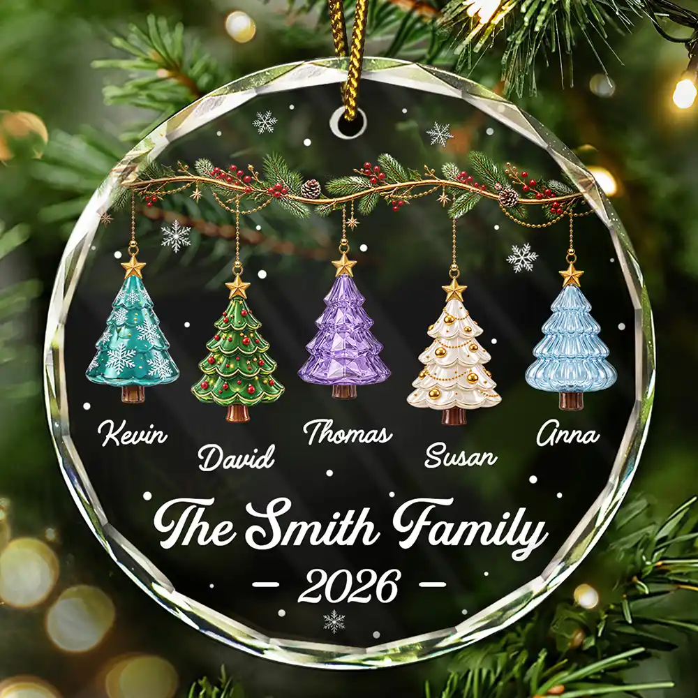 Personalised Family Glass Christmas Ornament with Names & Text - Pine Tree Design