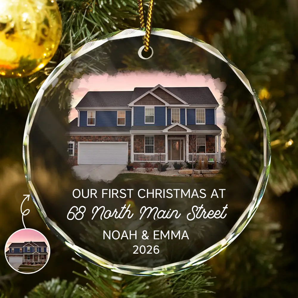 Personalised Glass Christmas Ornament with Photo - First Christmas at Our New Home