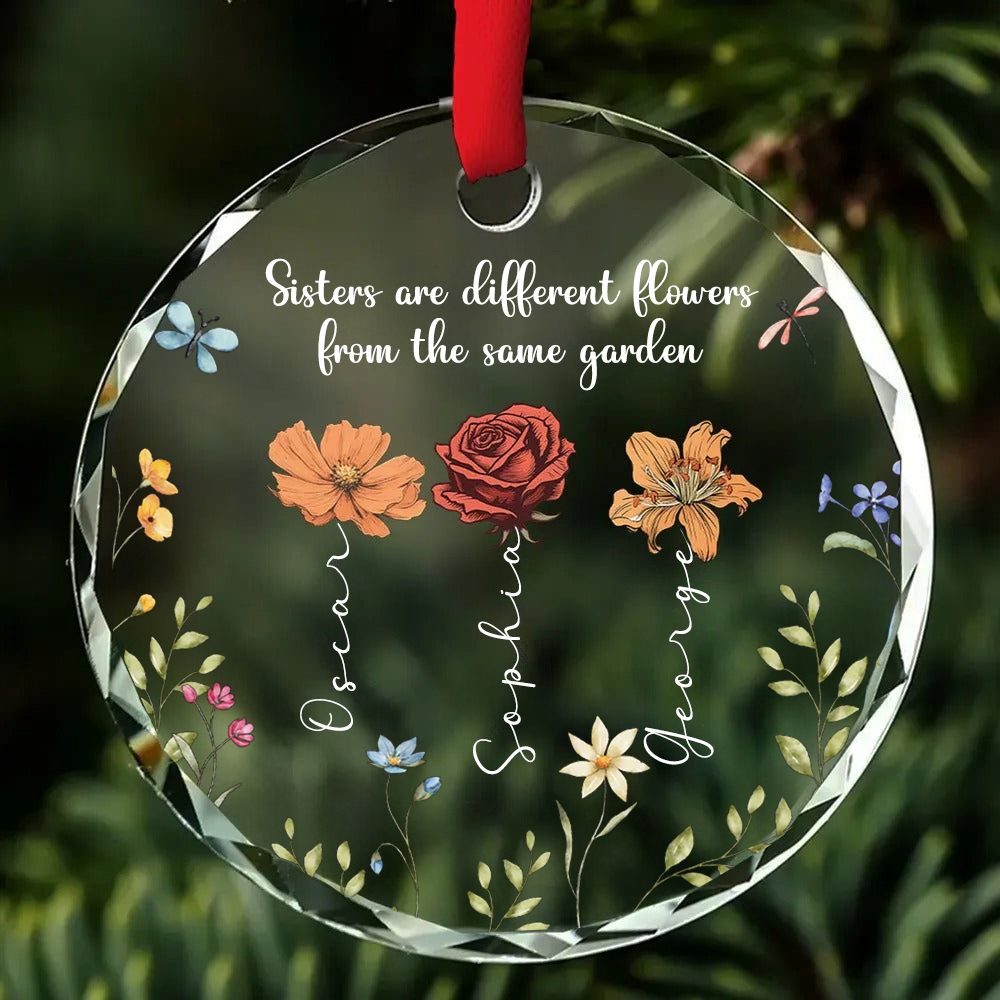 Personalised Glass Christmas Ornament for Friends & Sisters - Birth Flowers Design