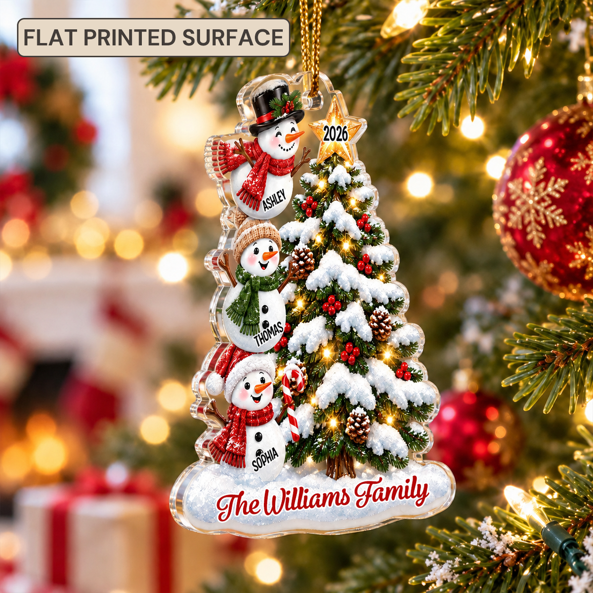 Personalised Family Acrylic Christmas Ornament wtih Names & Text - Snowman Design