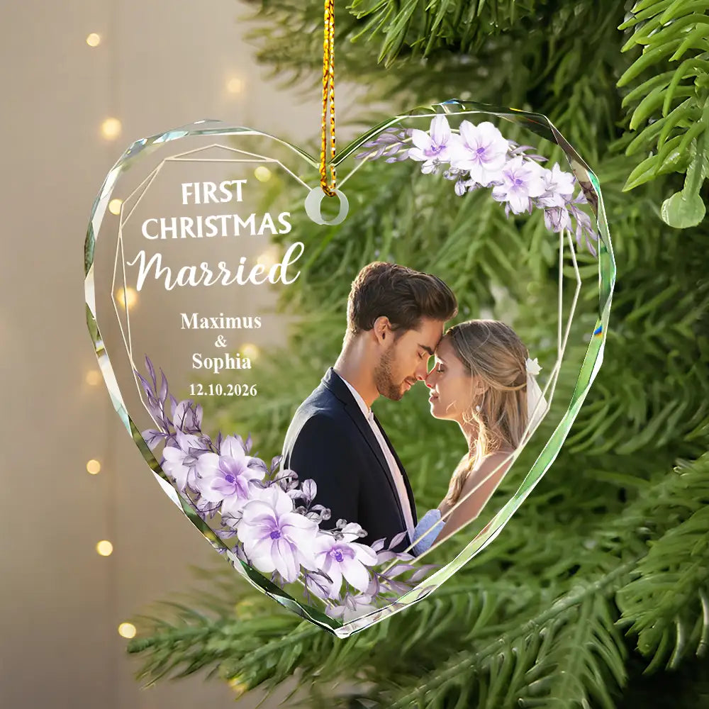 Personalised Couple Glass Christmas Ornament - Our First Christmas Married
