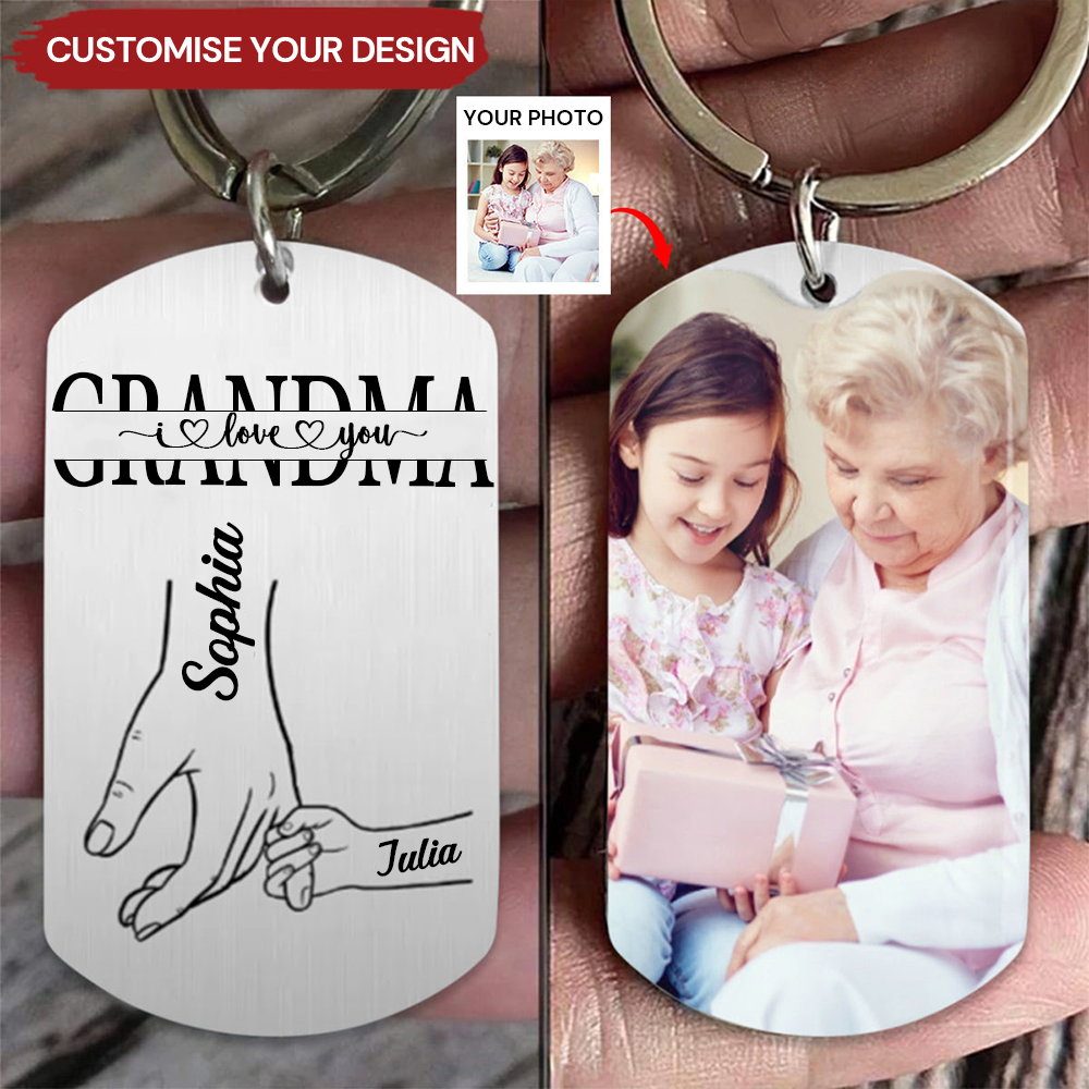 Personalised Photo Stainless Steel Keyring for Mum and Grandma - Hand in Hand Design