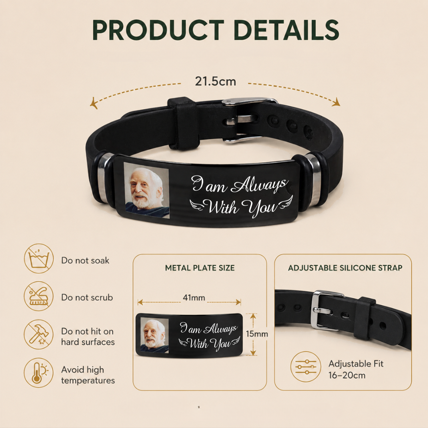 Personalised Memorial Silicone Bracelet with Photo - "I am Always with You"