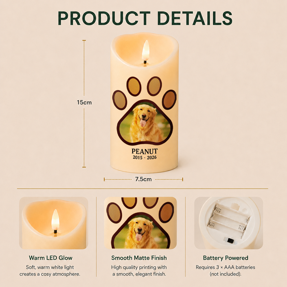 Personalised Pet Memorial LED Candle with Photo - Paw Print Design