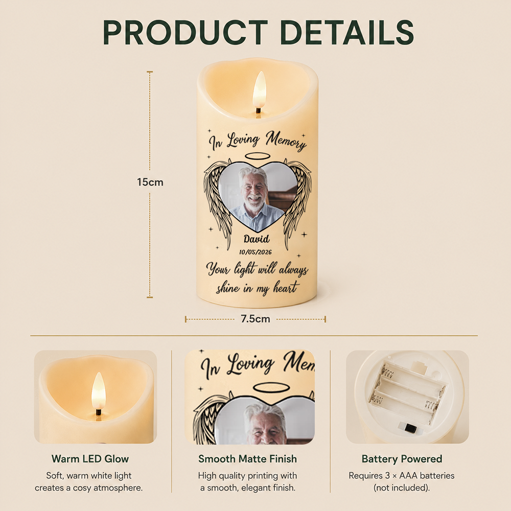 Personalised Memorial LED Candle with Photo - In Loving Memory Design