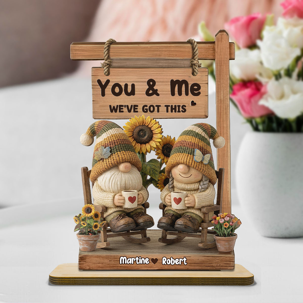 Personalised Wooden Plaque with Text and Names - Gnome Couple Design