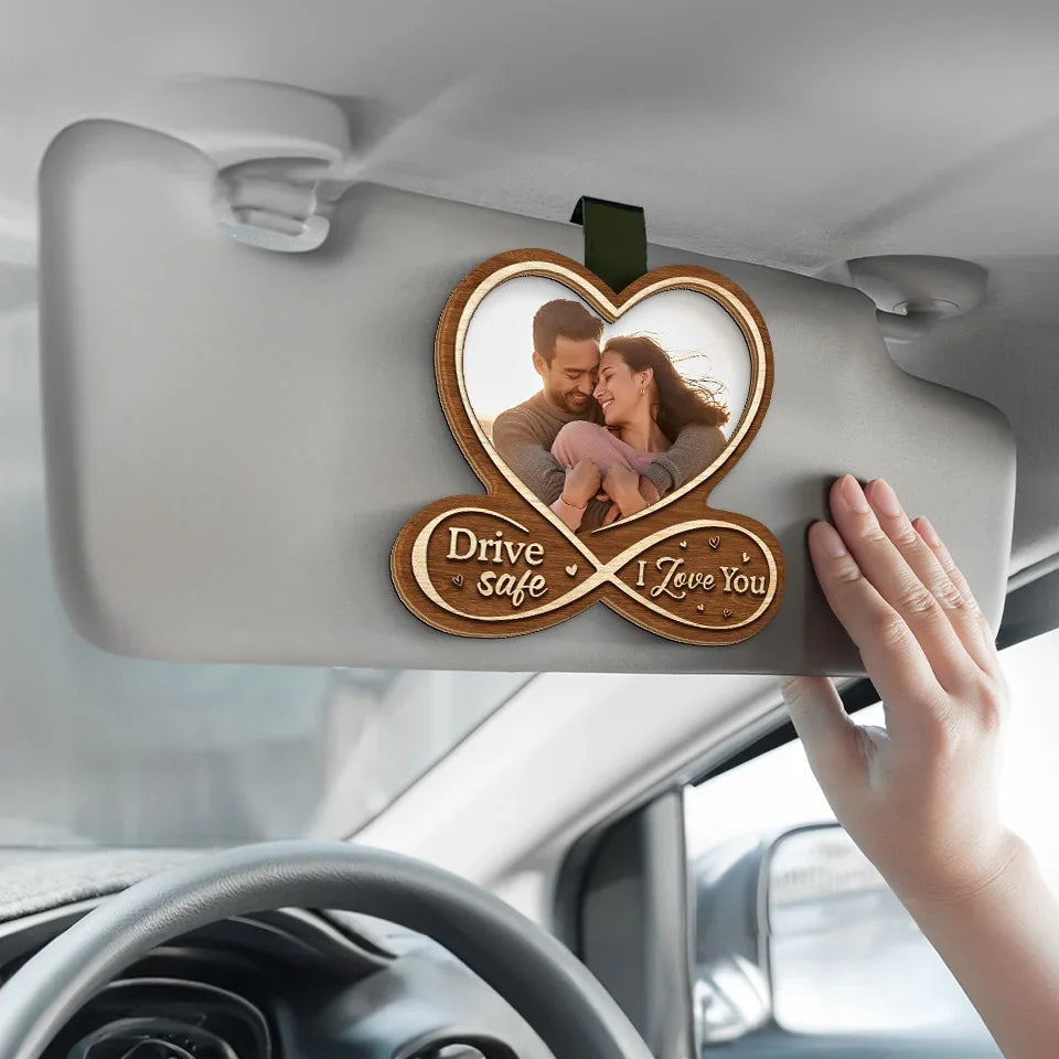 Personalised Heart-Shaped Car Sun Visor Clip with Photo - Drive Safe