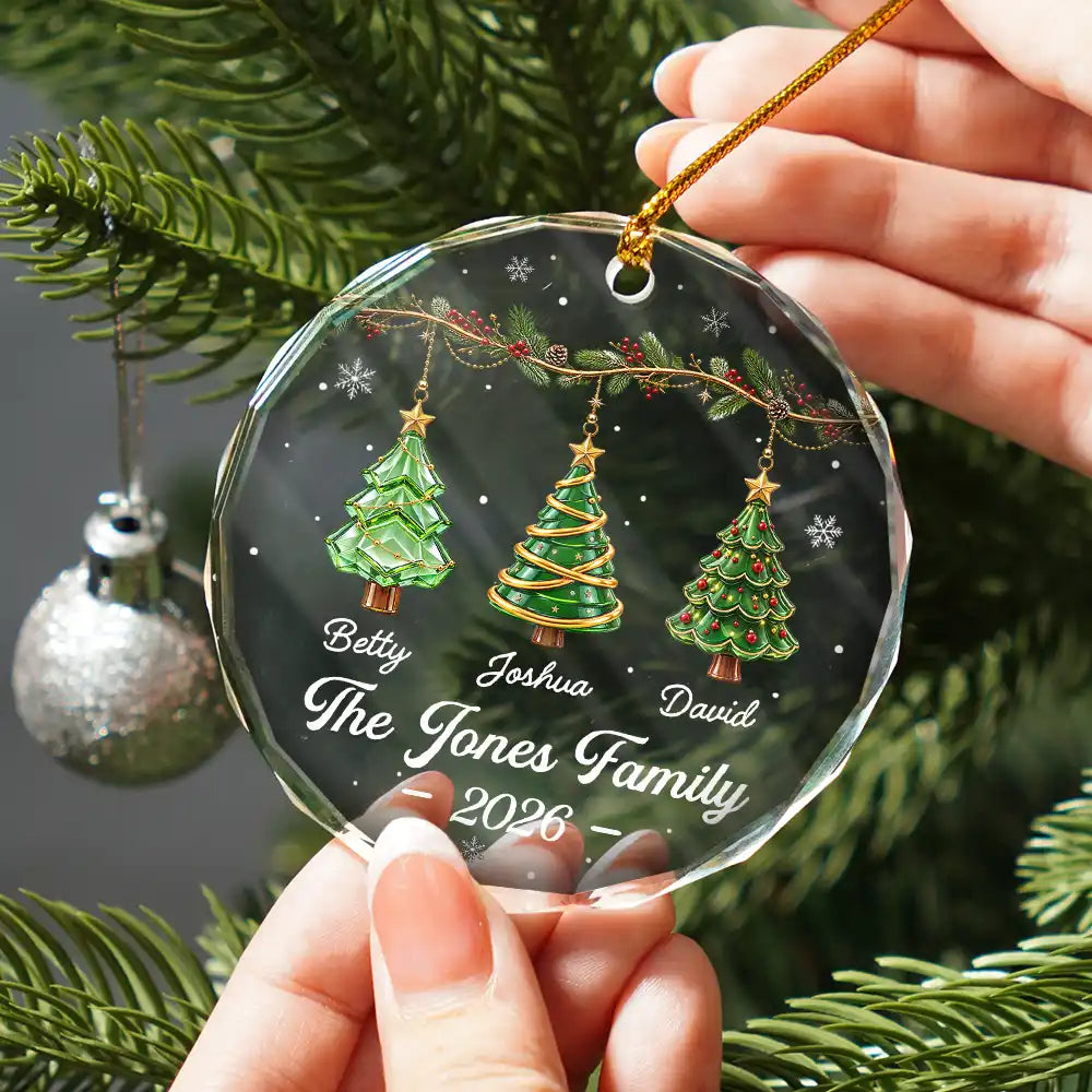 Personalised Family Glass Christmas Ornament with Names & Text - Pine Tree Design