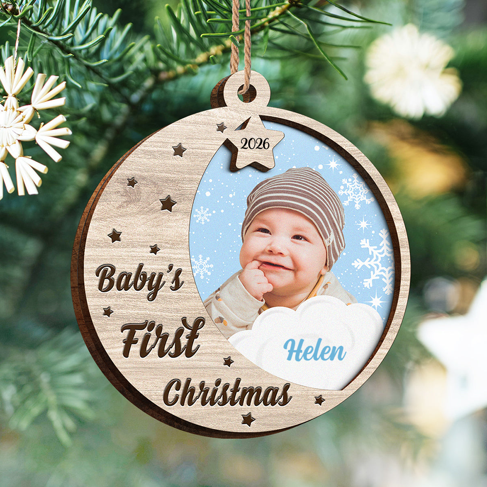 Personalised Wooden Layered Christmas Ornament with Photo - Baby's First Christmas