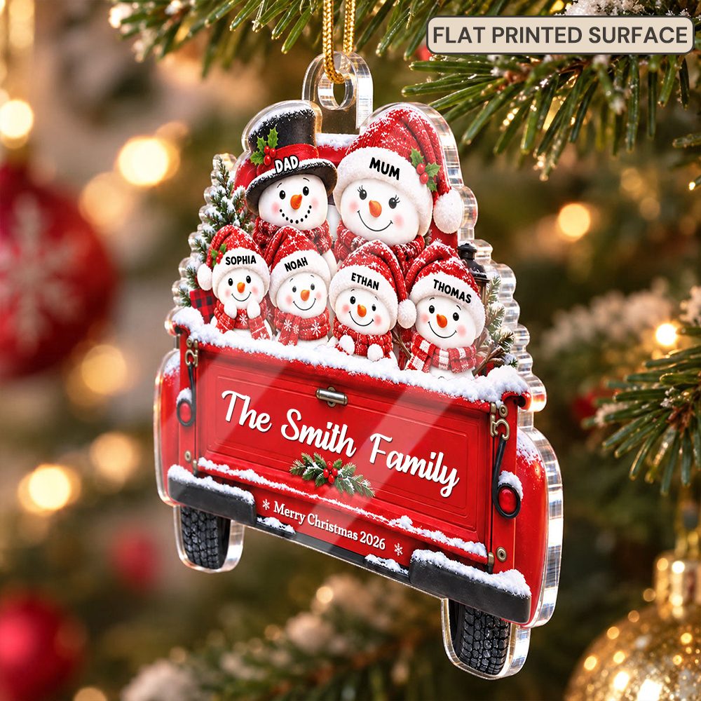 Personalised Family Acrylic Christmas Ornament with Names & Text - Snowman Design