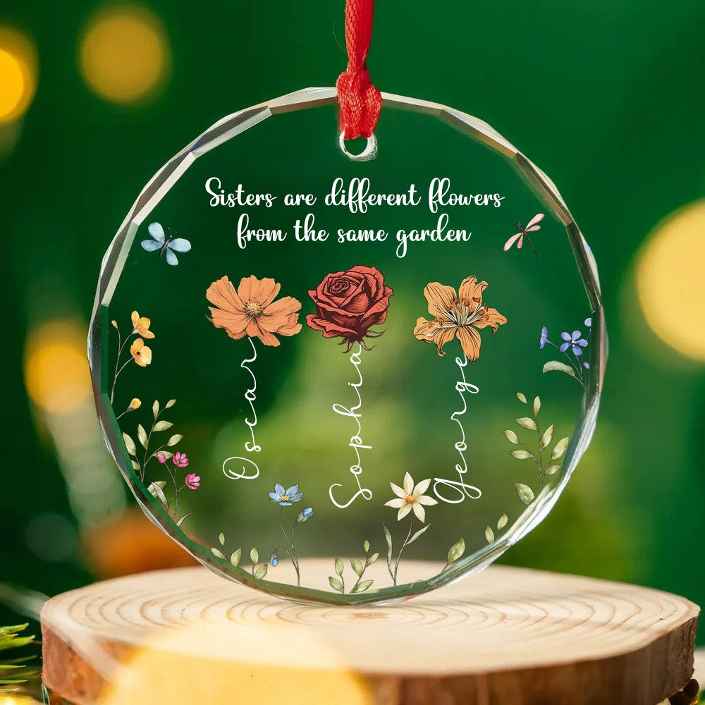 Personalised Glass Christmas Ornament for Friends & Sisters - Birth Flowers Design