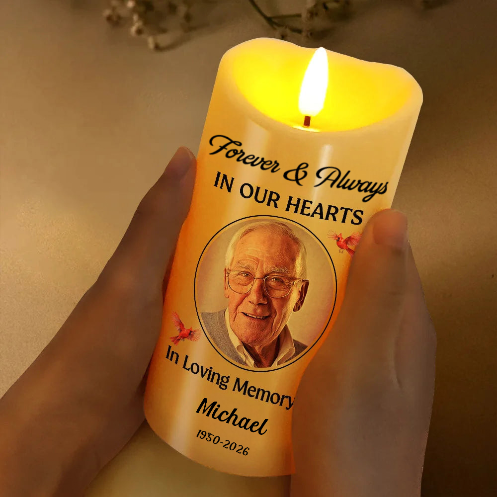 Personalised Memorial LED Candle with Photo - Forever & Always in Our Hearts
