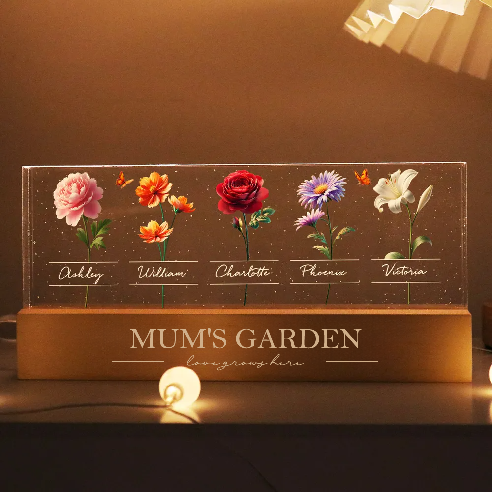 Personalised LED Night Light with Birth Flowers & Text - Gift for Mum & Grandma