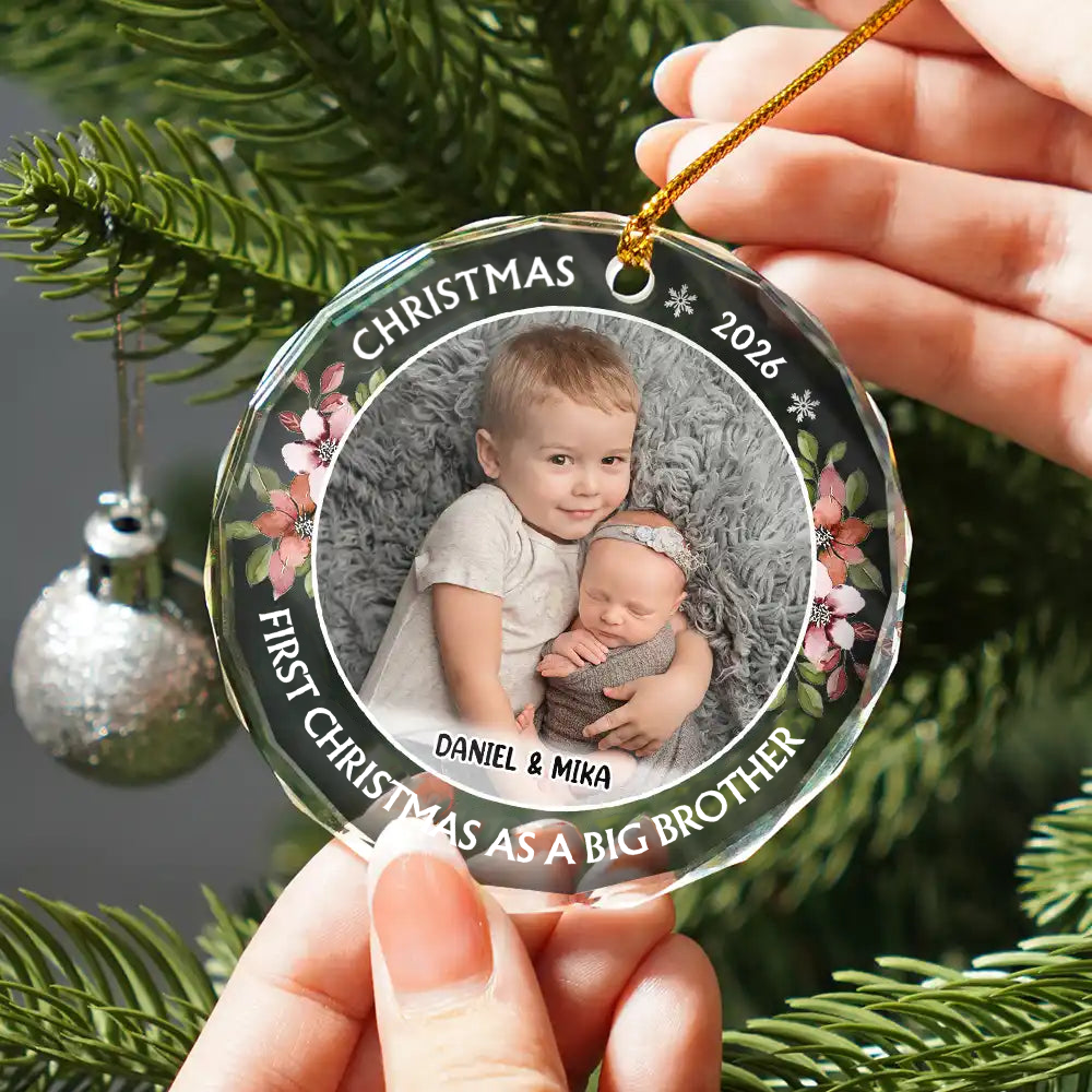 Personalised Glass Christmas Ornament with Photo - First Christmas as a Big Sibling