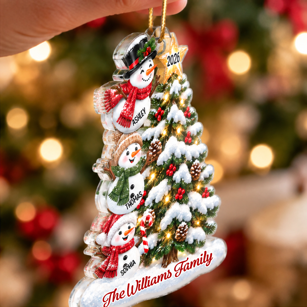 Personalised Family Acrylic Christmas Ornament wtih Names & Text - Snowman Design