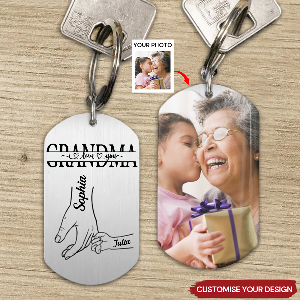 Personalised Photo Stainless Steel Keyring for Mum and Grandma - Hand in Hand Design