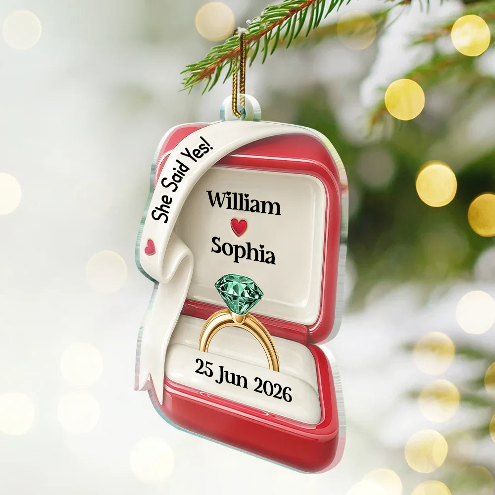 Personalised Engagement Acrylic Christmas Ornament - Ring Box Design